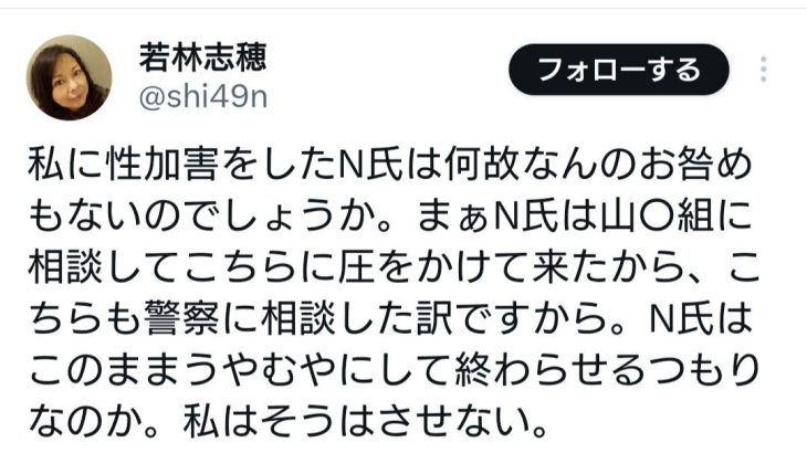 若林志穂、私に性加害をしたN氏：何故お咎めなしなのか？問題は決してうやむやにしない。